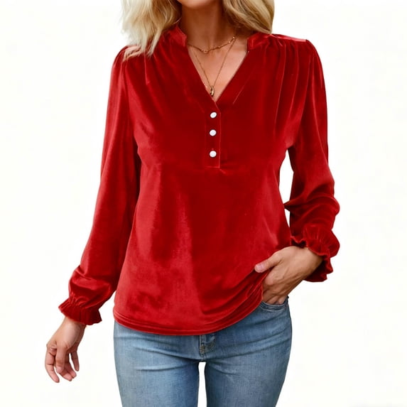 UTSJKR Women's Velvet Tops Puff Long Sleeve V Neck Ruched Winter Spring Trendy Fashion Formal Evening Party Holiday Shirts Blouse Red S
