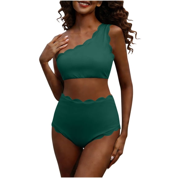 UTSJKR Women's Waffle High Waisted Bikini Set Scalloped One Shoulder Sporty Swimsuits Tummy Control Two Piece Bathing Suits Green S