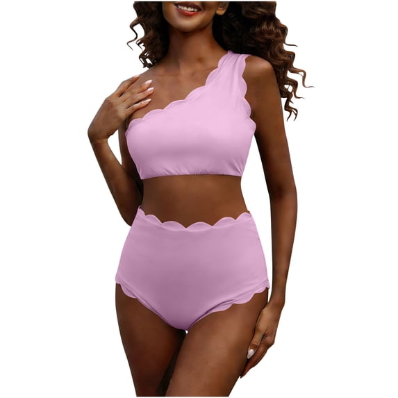 UTSJKR Women's Waffle High Waisted Bikini Set Scalloped One Shoulder Sporty Swimsuits Tummy Control Two Piece Bathing Suits Purple M