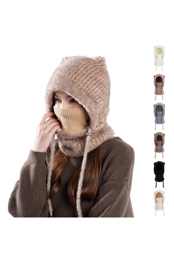 Women's Warm Hooded Scarf Hats Cute Catgirl Knitted Beanie Scarf Set Chic Drawstring Soft Plush Caps Beige