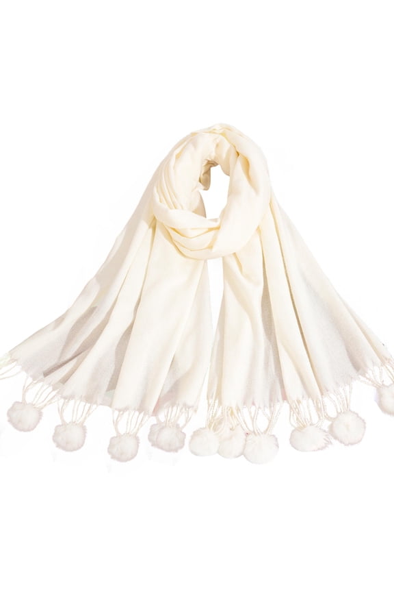 Women's Warm Scarf Cute Soft Fashion Travel Fringe Shawls and Wraps Dinner Lightweight Pashmina with Pom Pom Trim White