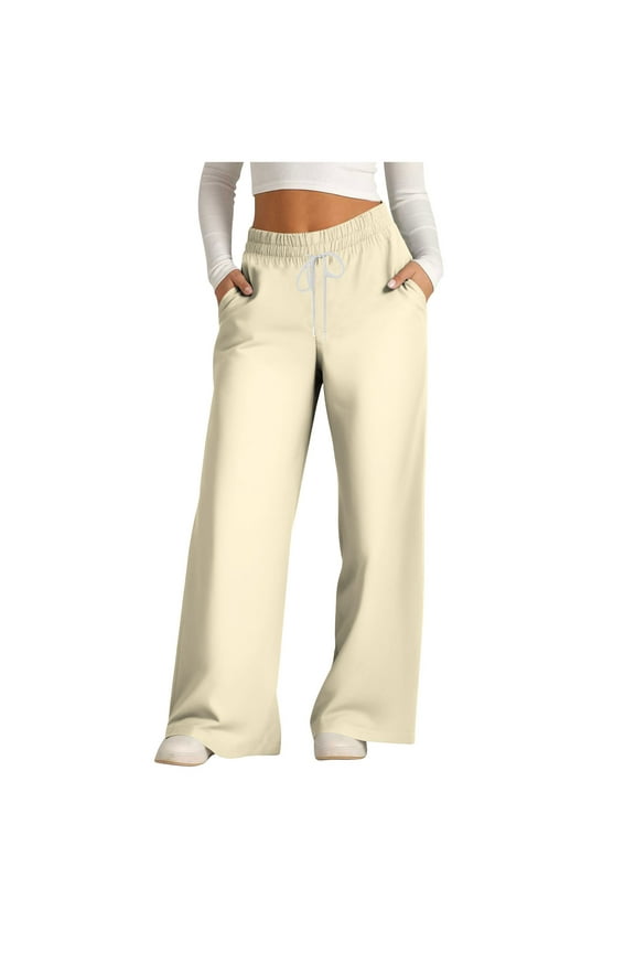 Women's Wide Leg Palazzo Pants Loose Fit Drawstring Elastic Waist Lightweight Trousers Classic Solid Comfy Soft Flowy High Waist Sweatpants Beige M