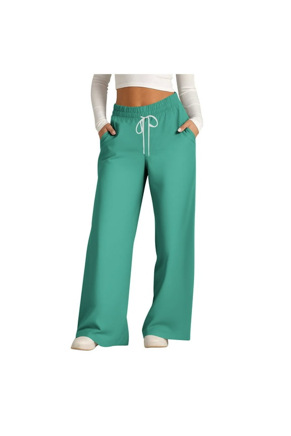 Women's Wide Leg Pants Loose Stretchy Drawstring High Waist Trousers Classic Solid Comfy Lightweight Soft Flowy Palazzo Pants Mint Green XXL