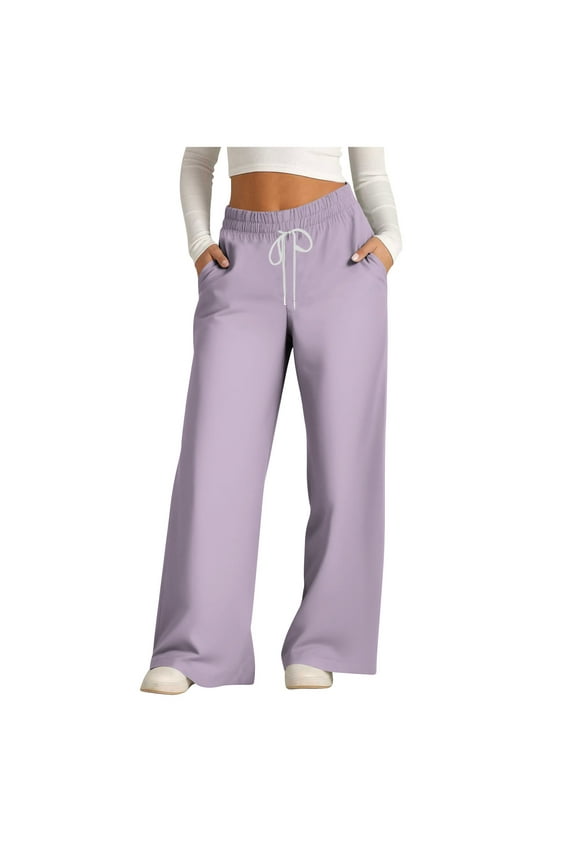 Women's Wide Leg Pants Loose Stretchy Drawstring High Waist Trousers Classic Solid Comfy Lightweight Soft Flowy Palazzo Pants Purple S