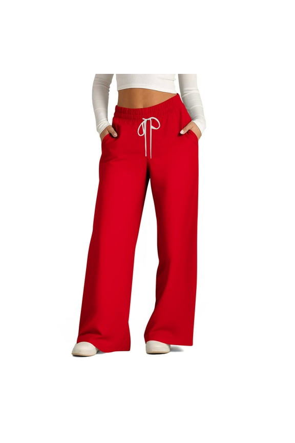 Women's Wide Leg Pants Loose Stretchy Drawstring High Waist Trousers Classic Solid Comfy Lightweight Soft Flowy Palazzo Pants Red S