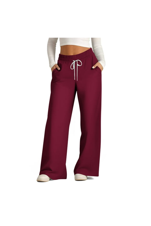 Women's Wide Leg Pants Loose Stretchy Drawstring High Waist Trousers Classic Solid Comfy Lightweight Soft Flowy Palazzo Pants Wine S