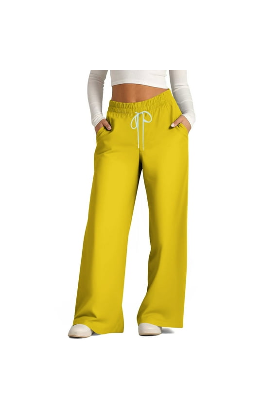 Women's Wide Leg Pants Loose Stretchy Drawstring High Waist Trousers Classic Solid Comfy Lightweight Soft Flowy Palazzo Pants Yellow S