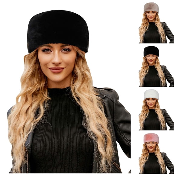 UTSJKR Women's Winter Faux Fur Bucket Hat Warm Cap Fluffy Bucket Hat Furry with Stretch Cossack Russian Style White Cap Black