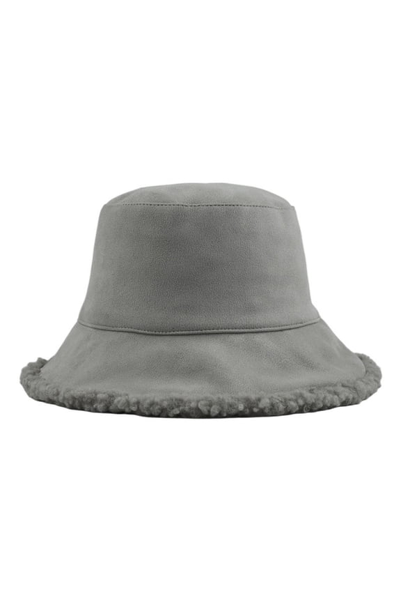 Women's Winter Faux Fur Shearling Bucket Hat Plush Classic Fluffy Warm Fisherman Hats for Men Adult Gray