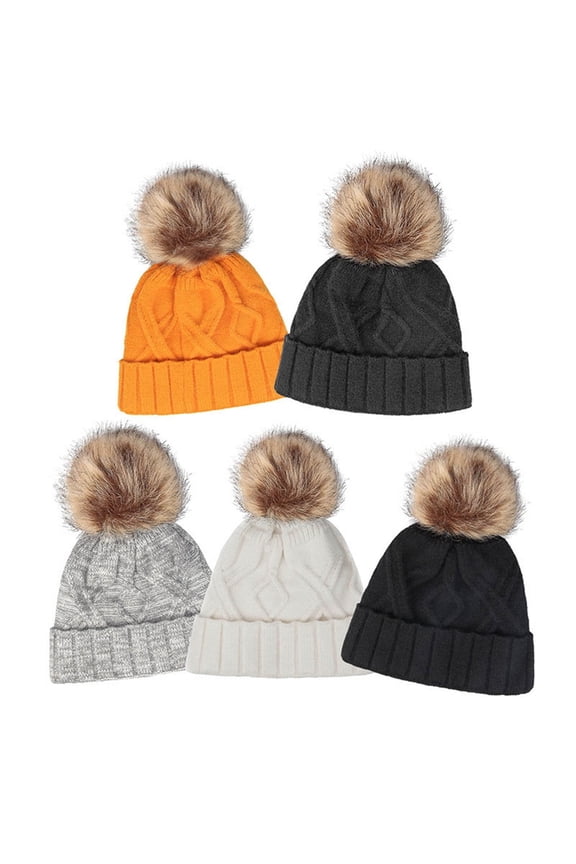 Women's Winter Fleece Beanie Hat Warm Soft Wool Lined Knit Cross Cap with Pom Snow Warm Knit Twist Hat with Pompom Black