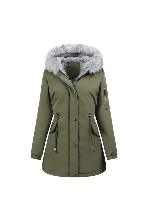 Women's Winter Puffer Coat Fur Collar Thicken Fleece Lined Down Jacket Elastic Waist Soft Sherpa Warm Snow Parka Army Green S