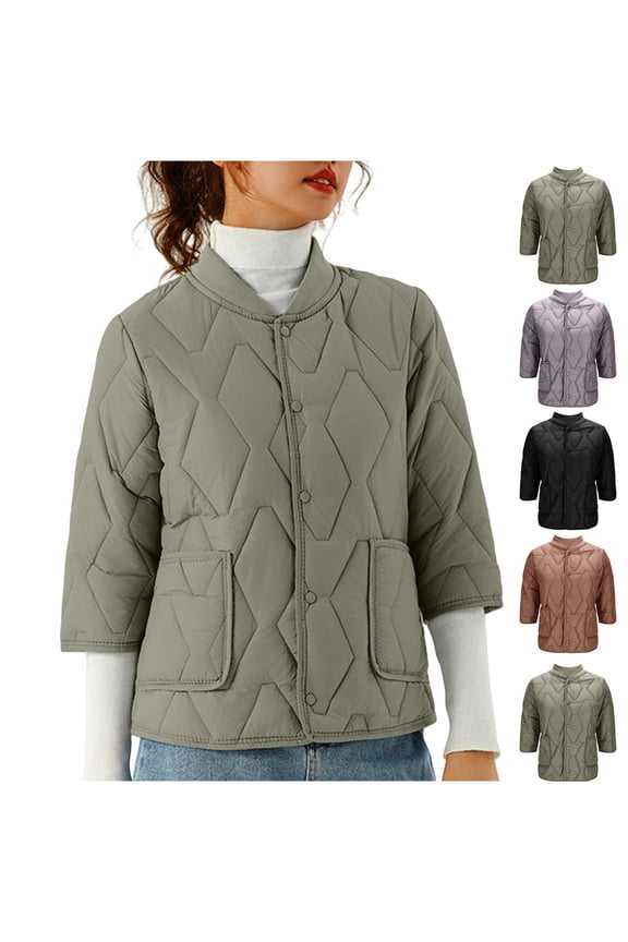 Women's Winter Quilted Jackets 3/4 Sleeve Button Down Puffer Jacket Lightweight Outerwear Coats with Pockets Khaki XL