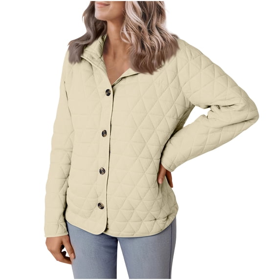 UTSJKR Women's Winter Quilted Jackets Long Sleeve Lapel Collar Button Down Puffer Jacket Outerwear Coats with Pockets Beige XL