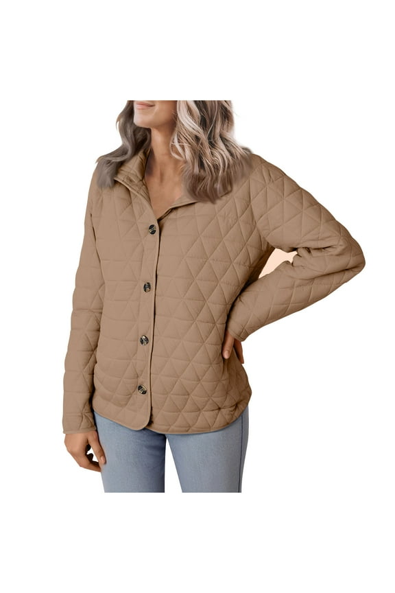 Women's Winter Quilted Jackets Long Sleeve Lapel Collar Button Down Puffer Jacket Outerwear Coats with Pockets Khaki S