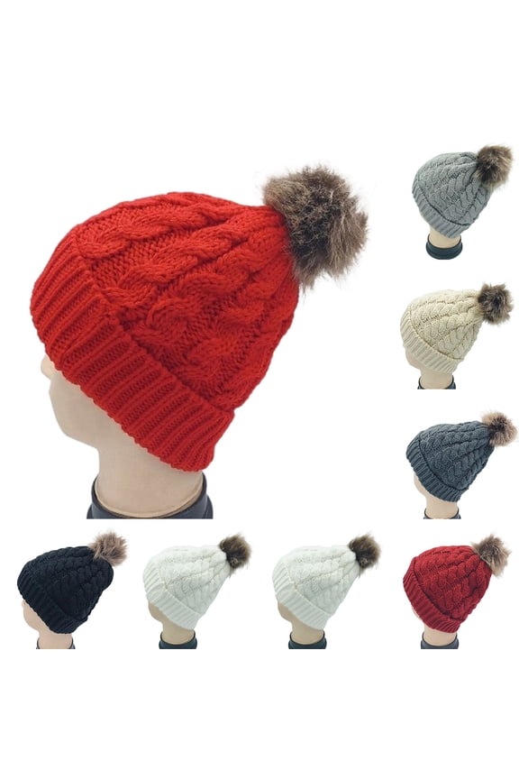 Women's Winter Soft Knit Beanie Hat with Faux Fur Pom Pom Warm Skull Cap Beanies for Women Thick Warm Ear Protection Hood Beige