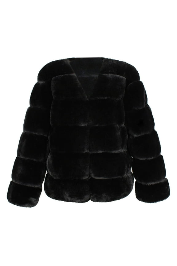 Women's Winter Warm Faux Fur Long Sleeve Lapel Neck Solid Color Fluffy Coats Outwear Jackets Plus Size Black L