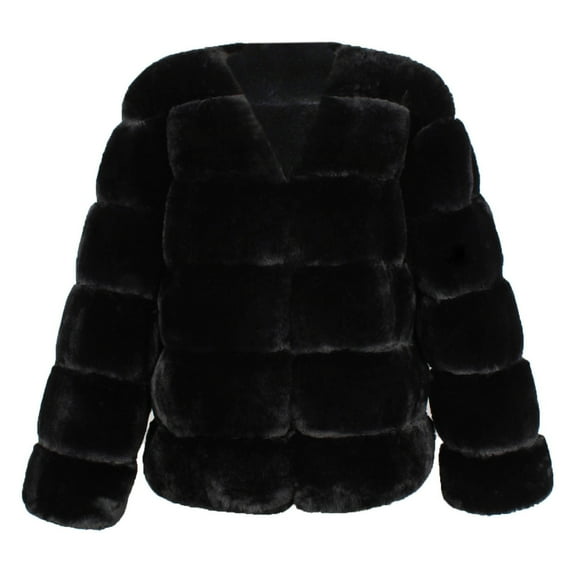 UTSJKR Women's Winter Warm Faux Fur Long Sleeve Lapel Neck Solid Color Fluffy Coats Outwear Jackets Plus Size Black XL