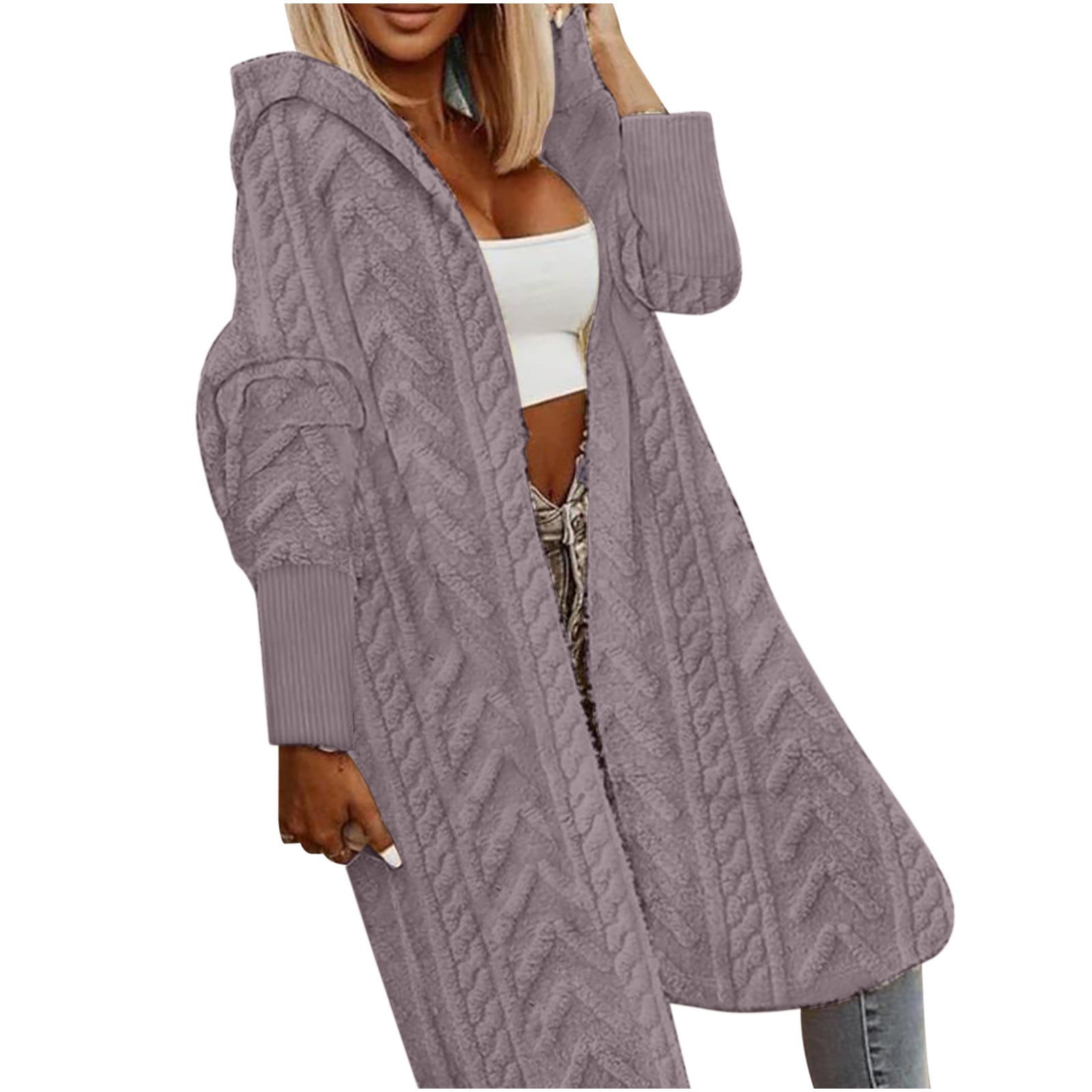 5112026 Purple Hooded Long Cardigan