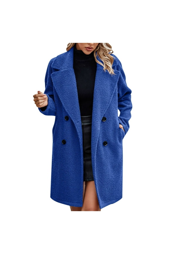 Women's Winter Warm Teddy Bear Oversized Double Breasted Long Fluffy Coats Jackets Outwear with Pockets Blue XL