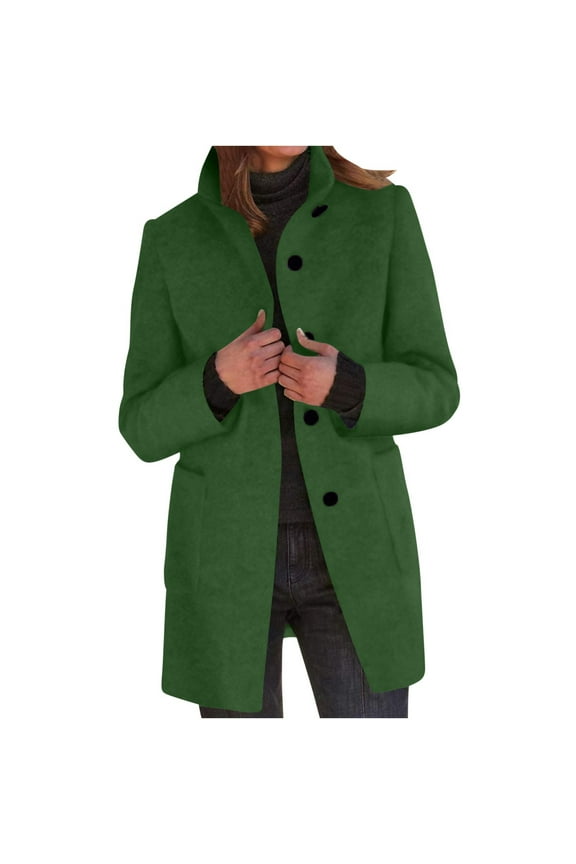 Women's Winter Wool Blend Coat Elegant Warm Overcoat Classic Slim Fit Warm Outwear Pockets Buttons Single Breasted Long Sleeve Winter Coat Green L