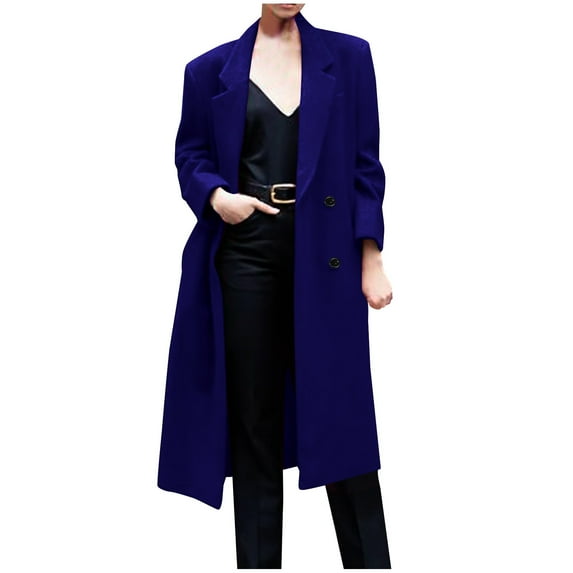 UTSJKR Women's Winter Wool Blend Trench Coat Casual Lapel Woolen Coats Trendy Mid-Length Single Breasted Jackets Business Dressy Work Peacoats Blue XXXL