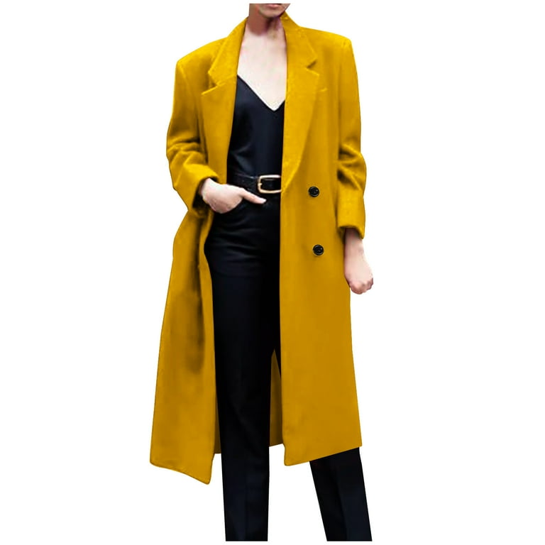 Utsjkr Women s Winter Wool Blend Trench Coat Casual Lapel Woolen Coats Trendy Mid Length Single Breasted Jackets Business Dressy Work Peacoats Yellow