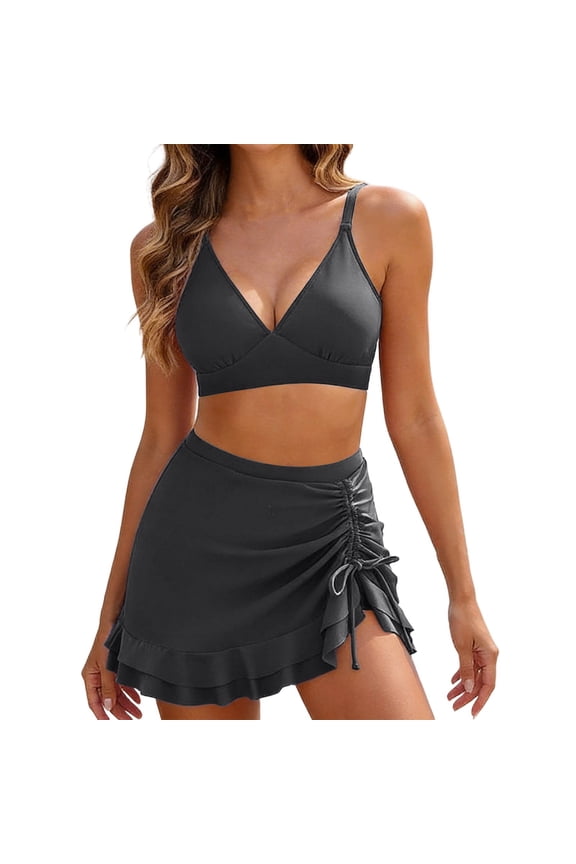 Women's Wrap Front Drawstring Ruffle Skirted Bikini Set, V Neck 3 Piece Swimsuit for Summer Cute Beach Outfits Black S