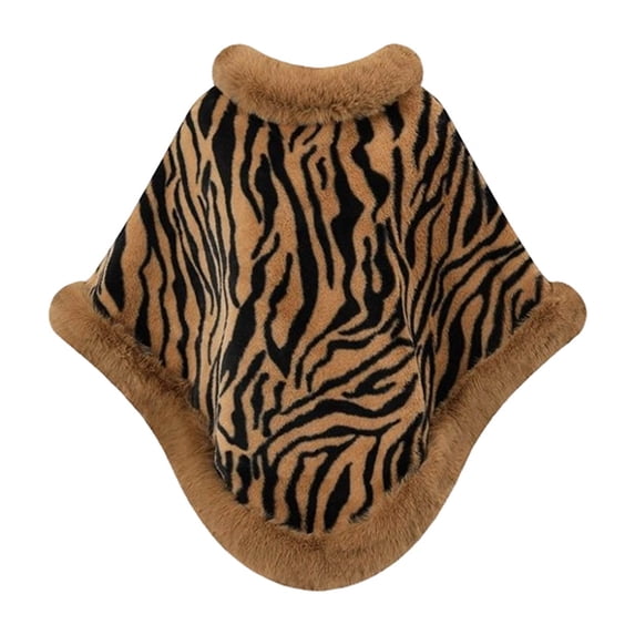 UTSJKR Women's Zebra Stripe Faux Fur Trim Poncho Cape, Winter Warm Plush Shawl Coat, Loose Fit Outer Cloak for Cold Season Daily Styling Brown