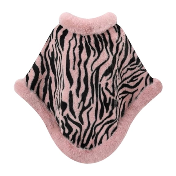 UTSJKR Women's Zebra Stripe Faux Fur Trim Poncho Cape, Winter Warm Plush Shawl Coat, Loose Fit Outer Cloak for Cold Season Daily Styling Pink