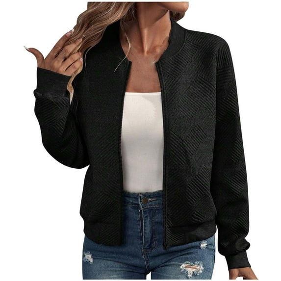 UTSJKR Women's Zipper Bomber Jacket 2024 Fashion Long Sleeve Lightweight Zipper Up Outwear Solid Color Fall Winter Warm Coat Black L