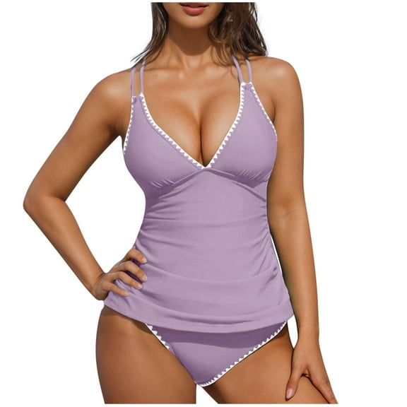 UTSJKR Womens 2 Piece Tankini Swimsuits V Neck Push Up Swim Top Color Block Tummy Control High Waisted Bathing Suits Swim Bottom Purple L