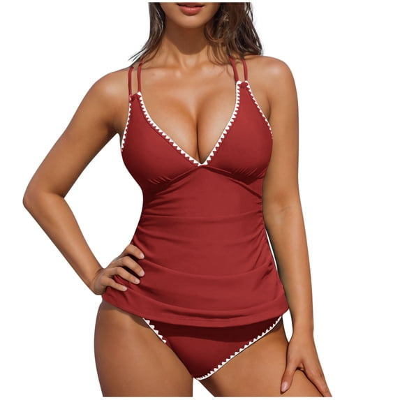 UTSJKR Womens 2 Piece Tankini Swimsuits V Neck Push Up Swim Top Color Block Tummy Control High Waisted Bathing Suits Swim Bottom Red XXL