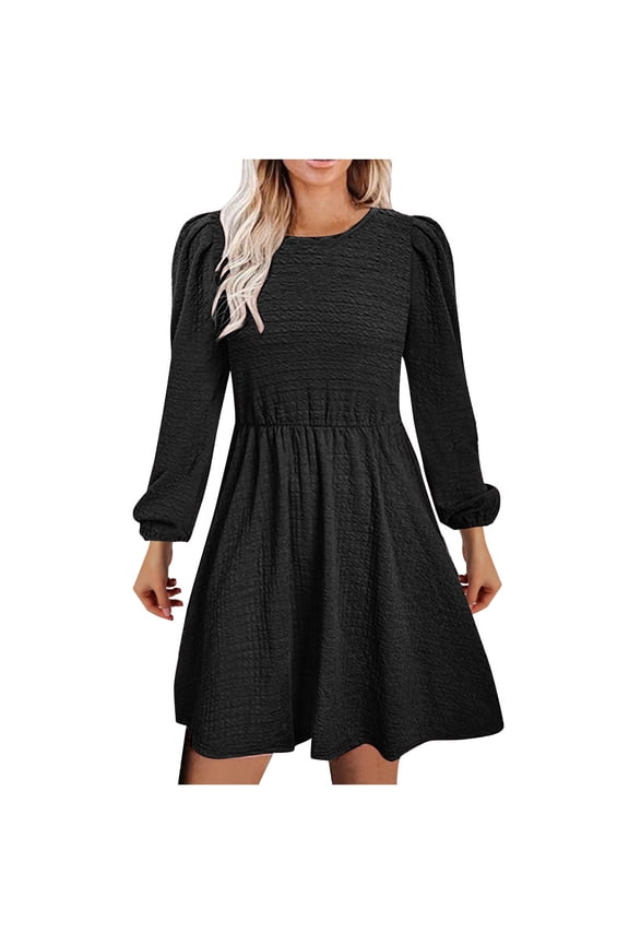 Womens 2024 Fall Casual Dress Smocked Crewneck Button Up Long Sleeve High Waist A-Line Mini Dress Black XXL