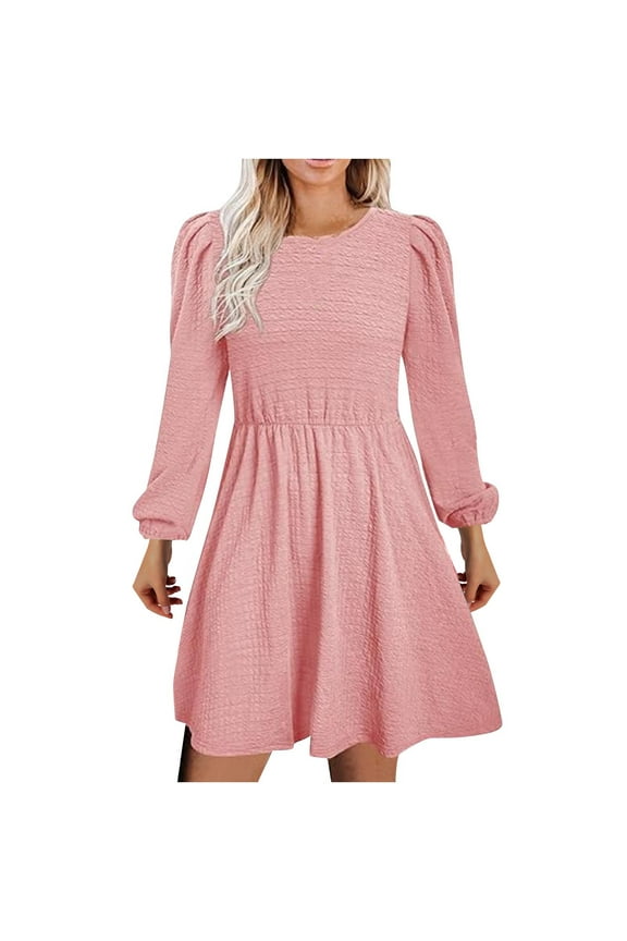 Womens 2024 Fall Casual Dress Smocked Crewneck Button Up Long Sleeve High Waist A-Line Mini Dress Pink XL