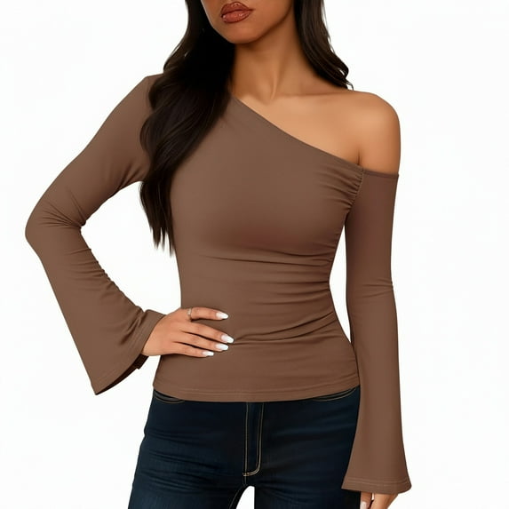 UTSJKR Womens 2026 Spring Fashion Long Sleeve Shirts Double Lined Casual Slim Fitted Off The Shoulder Tops Brown L