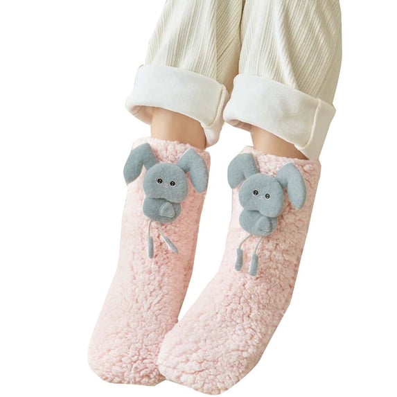 UTSJKR Womens 3D Bunny Coral Fleece Floor Socks, Thick Warm Non Slip Slipper Socks, Cute Cartoon Plush Socks for Winter Indoor Lounging, 1 Pair