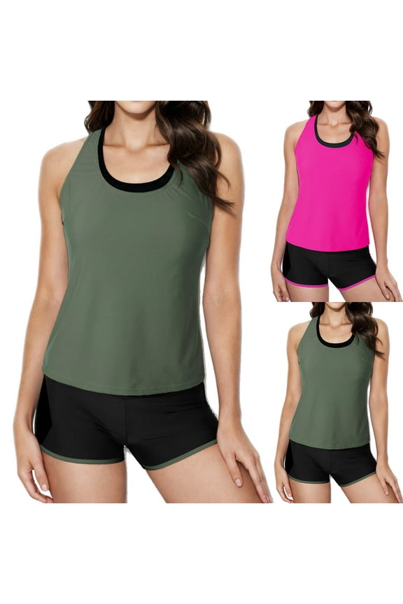 Womens Athletic 3 Piece Tankini Swimsuits with Shorts Swim Tank Tops with Sports Bra and Boyshorts Bathing Suits Green L