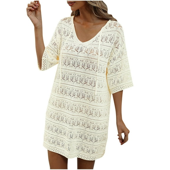 UTSJKR Womens Bathing Suit Cover Up Casual Loose Tassel Beach Dress Summer Basic Short Sleeve Sundress 2024 Fashion Solid Hollowed Drawstring V Neck Smocked Beige S