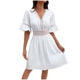 thumbnail image 1 of UTSJKR Womens Beach Dress Lace Hollowed Solid V Neck Smocked Waist Pleated Flowy A Line Swing Dress Summer Basic Bell Sleeve Short Sleeve Sundress 2024 Fashion White L, 1 of 5
