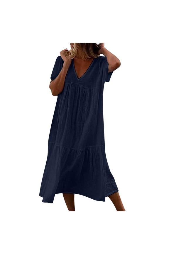 Womens Beach Dress Short Sleeve Sundress 2024 Fashion Classic Solid V Neck Smocked Casual Loose Vacation Long Dress Summer Basic Navy XXL
