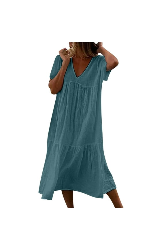 Womens Beach Dress Short Sleeve Sundress 2024 Fashion Classic Solid V Neck Smocked Casual Loose Vacation Long Dress Summer Basic Sky Blue M
