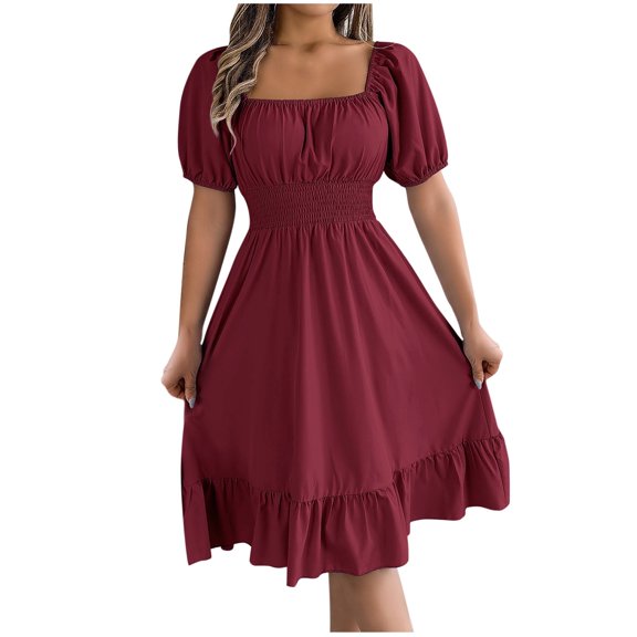 UTSJKR Womens Beach Dress Summer Basic Puff Short Sleeve Sundress 2024 Fashion Elegant Solid Square Neck Smocked Waist Pleated Flowy A Line Ruffled Hem Swing Dress Wine L