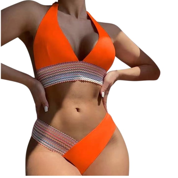 UTSJKR Womens Bikini Sets Tummy Control Swimsuit Two Piece Color Block Bathing Suits 2026 Fashion Straped Swimsuits Orange S