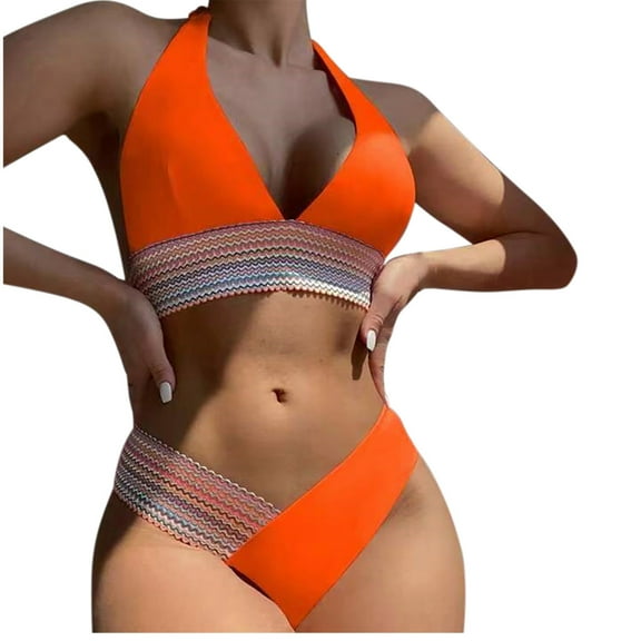 UTSJKR Womens Bikini Sets Tummy Control Swimsuit Two Piece Color Block Bathing Suits 2026 Fashion Straped Swimsuits Orange S