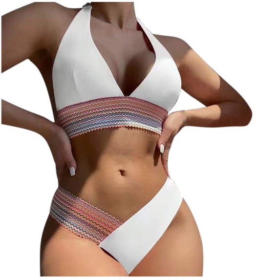 UTSJKR Womens Bikini Sets Tummy Control Swimsuit Two Piece Color Block Bathing Suits 2026 Fashion Straped Swimsuits White XL