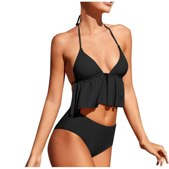 UTSJKR Womens Bikini Sets Two Piece Push up Ruffle Triangle Top High Waisted Bottom Swimsuit Sexy Cheeky Beach Bathing Suits Black L