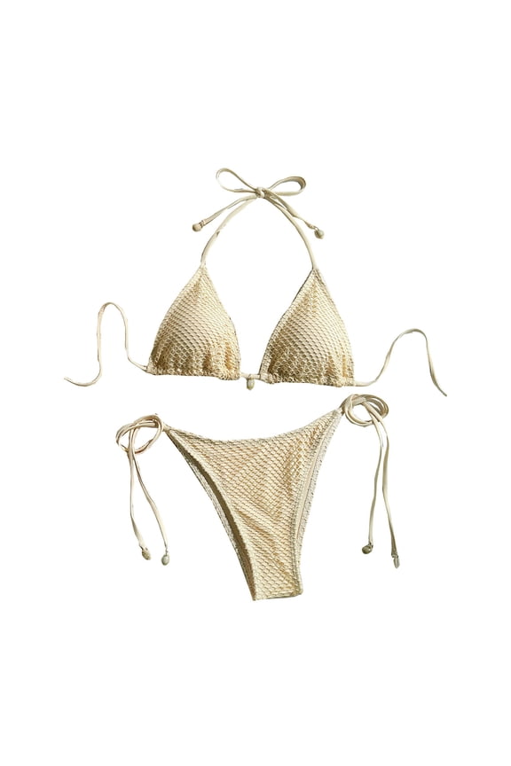 Womens Bikini Swimsuits Multiway Fishnet Tie Side Bandeau Halter String Bikini Set Two Piece Swimsuit Bathing Suits Beige L