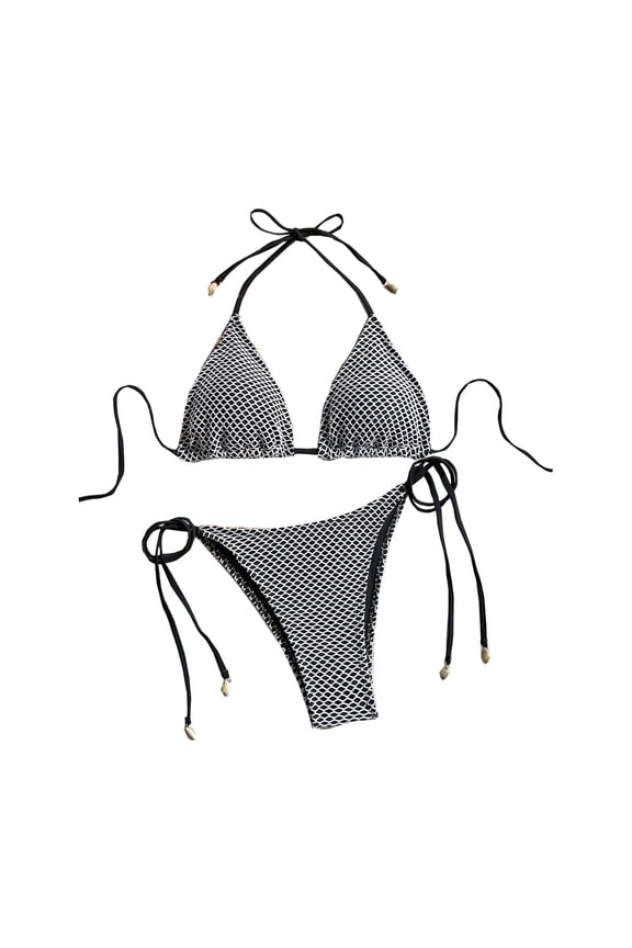 Womens Bikini Swimsuits Multiway Fishnet Tie Side Bandeau Halter String Bikini Set Two Piece Swimsuit Bathing Suits Black L