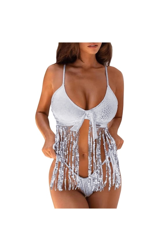 Womens Bikinis 2026 Flattering Split Tassel Push Up Bathing Suit 2 Piece Thong Beach Swimsuits Full Coverage Beachwear Silver M