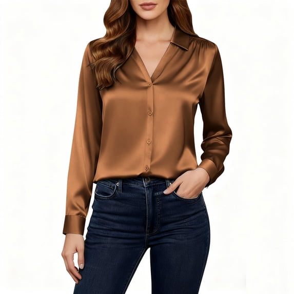 UTSJKR Womens Business Casual Tops Dressy Work Long Sleeve Shirts Collared V Neck Silk Satin Blouses Cute Spring Outfits Coffee S